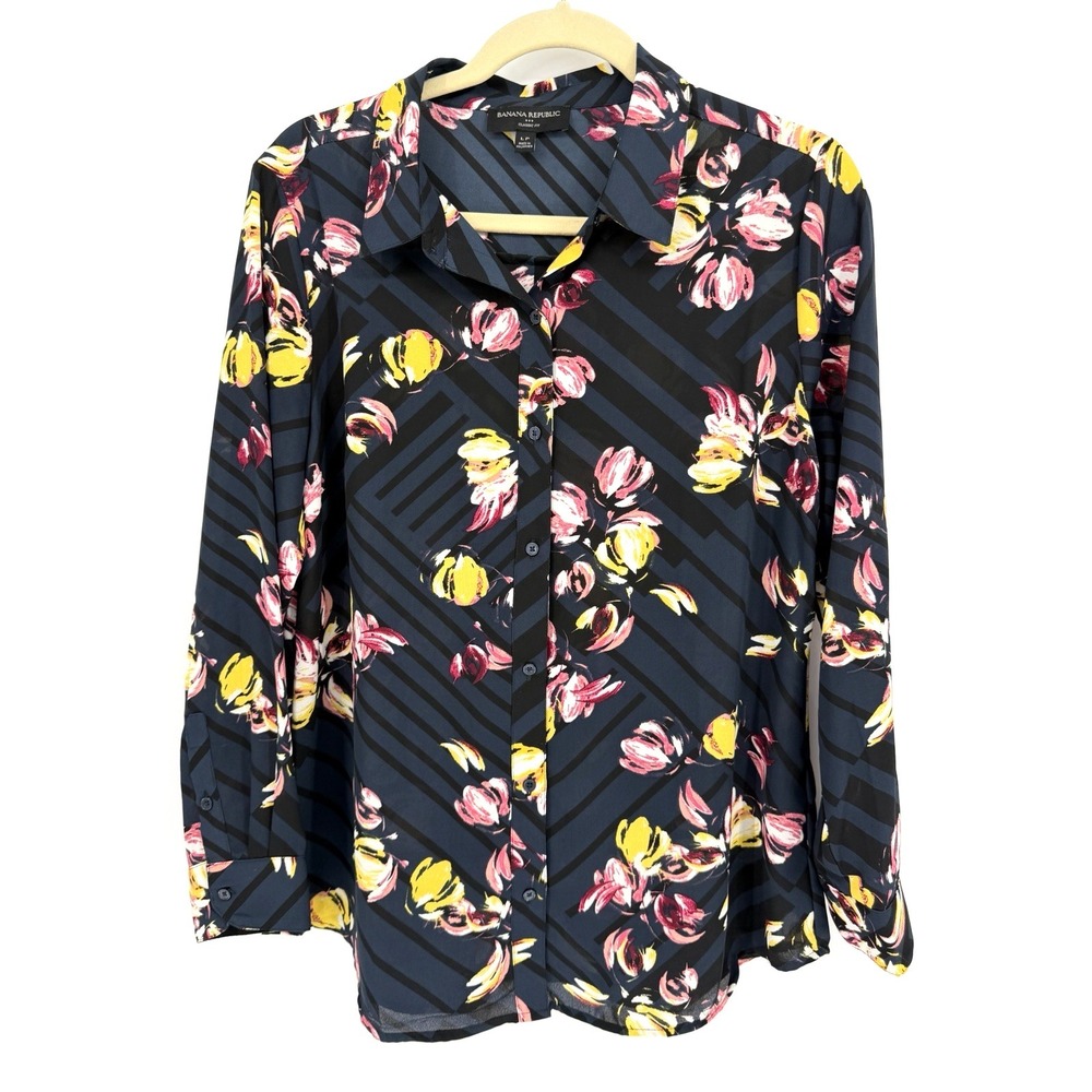 Banana Republic Tropical Floral Blouse Button Front PL Boho Resortwear Coastal